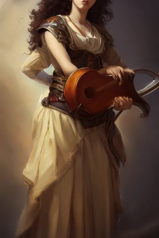 Image similar to beautiful bard holding a lute, accurate anatomy, only two hands, highly detailed, digital painting, artstation, concept art, smooth, sharp focus, illustration, Unreal Engine 5, 8K, art by Artgerm and greg rutkowski