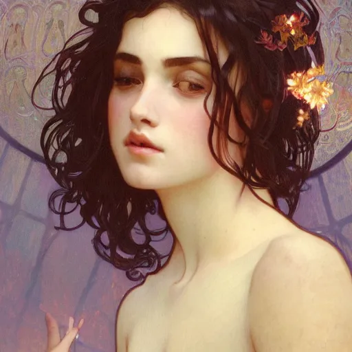 Prompt: A dreamy sleepy young woman with very short dark curly hair, portrait art by alphonse mucha and greg rutkowski, highly detailed, digital painting, concept art, illustration, dim lighting with twilight rays of sunlight coming through the window with closed shutters, trending on artstation, very detailed, smooth, sharp focus, octane render