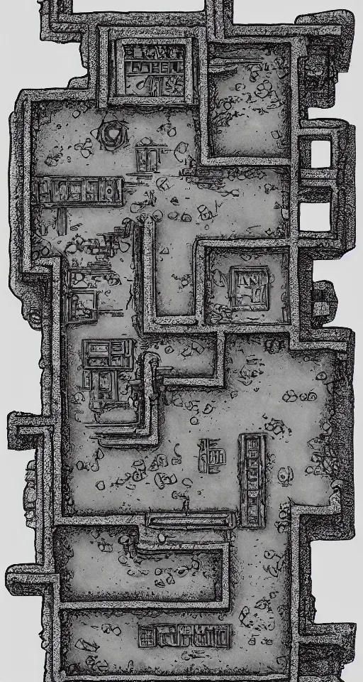 Prompt: a black and white dungeon map. d & d battlemap. small dungeon. a few large rooms. clean design. high definition etching with complex details.