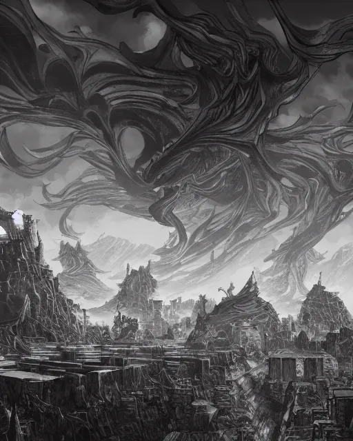 Prompt: the ivory fields, city of desert, buildings, black and white, environment art, fantasy art, landscape art, in the style of masami kurumada, illustration, epic, fantasy, intricate, hyper detailed, artstation, concept art, smooth, sharp focus, ray tracing