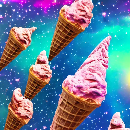 Prompt: an ice cream cone made completely of stars and nebulas, trending on art station, 4 k wallpaper