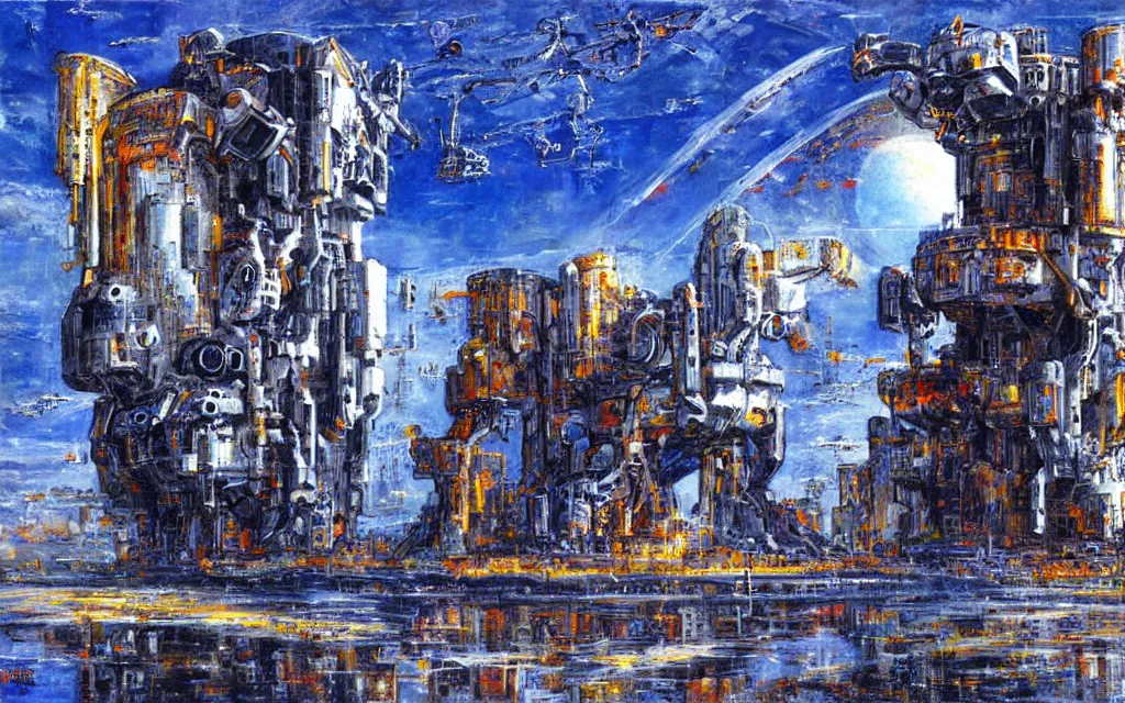 Prompt: futurist cyborg castle, perfect future, award winning art by alan bean, sharp color palette