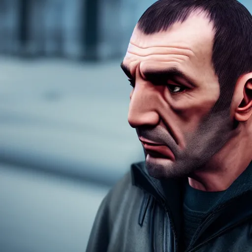 Image similar to film still of Niko Bellic, sigma 85mm f/1.4, 4k, depth of field, high resolution, 4k, 8k, hd, full color