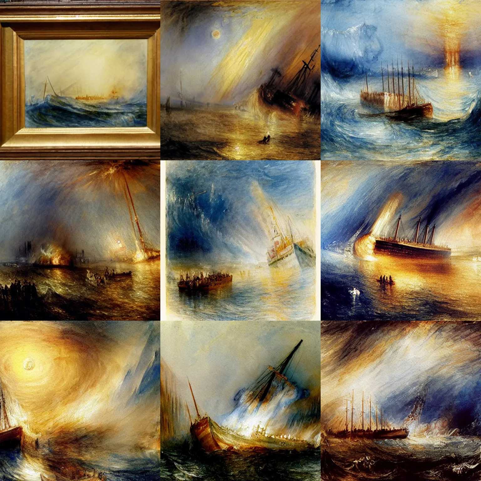 Prompt: Watercolor painting by J. M. W. Turner of The sinking of the titanic