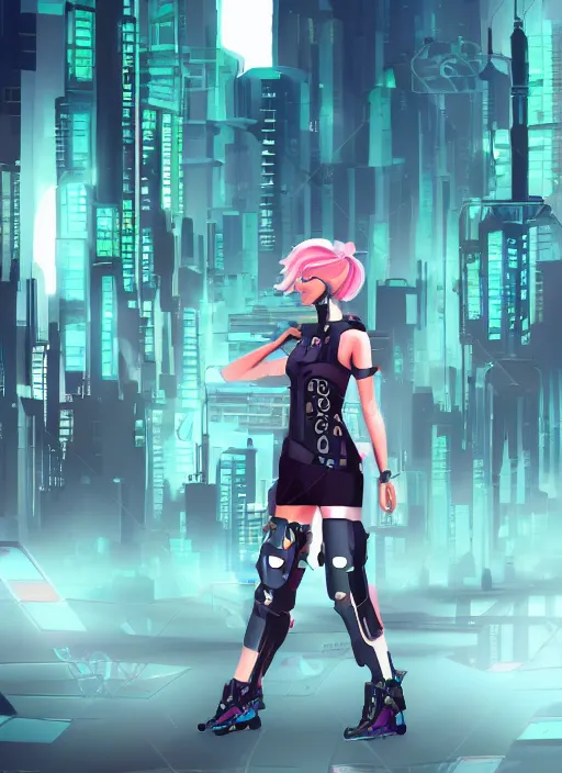 Image similar to a vaporware style style cyborg girl in a futuristic city