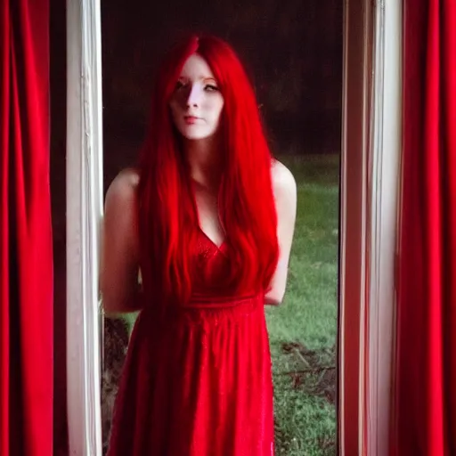 Image similar to Red haired woman in a red dress standing behind a red window curtain, portrait, photography