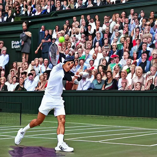 Image similar to award winning photograph on Rafael Nadal winning a point at wimbledon using a broom as a tennis racquet 35mm hdr