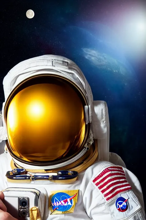 Prompt: extremely detailed studio portrait of space astronaut, holds a smart phone in one hand, phone!! held up to visor, reflection of phone in visor, moon, extreme close shot, soft light, golden glow, award winning photo by nasa