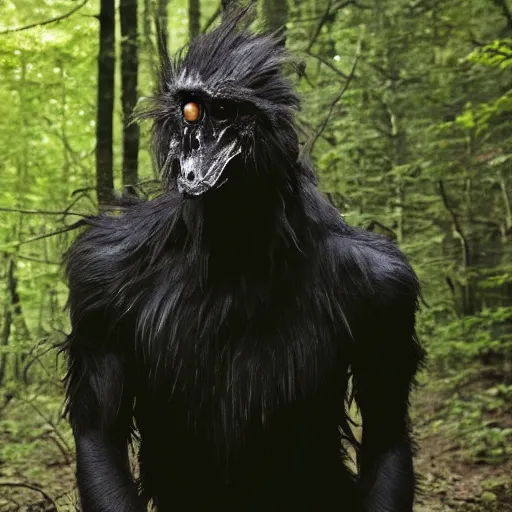 Prompt: werecreature consisting of male human and crow, photograph captured in a forest