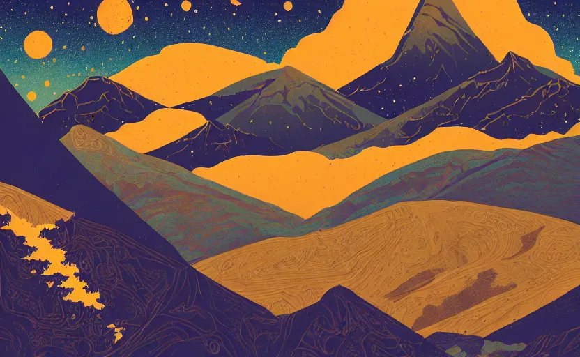 Image similar to mountains, stars and paisley filled sky, artstation, intricate, highly detailed, digital painting, concept art, sharp focus, illustration by Tom Whalen and Ivan Bilibin