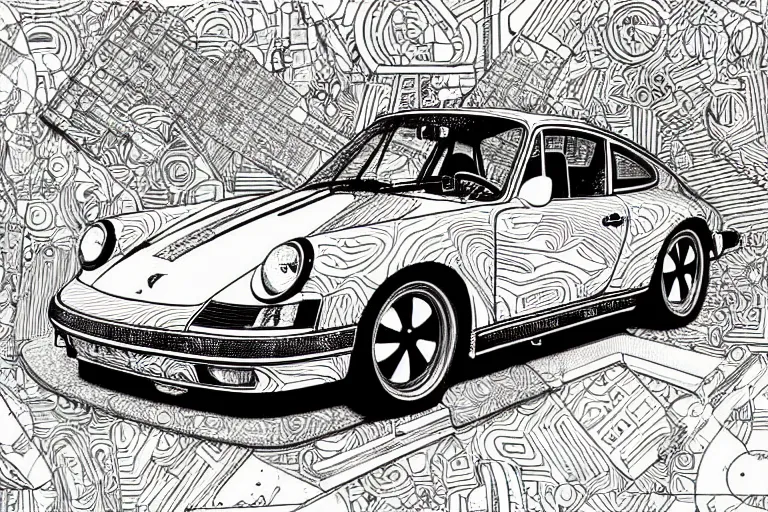 Image similar to a black and white drawing of a porsche 9 1 1, a detailed mixed media collage by hiroki tsukuda and eduardo paolozzi and moebius, intricate linework, sketchbook psychedelic doodle comic drawing, geometric, street art, polycount, deconstructivism, matte drawing, academic art, constructivism