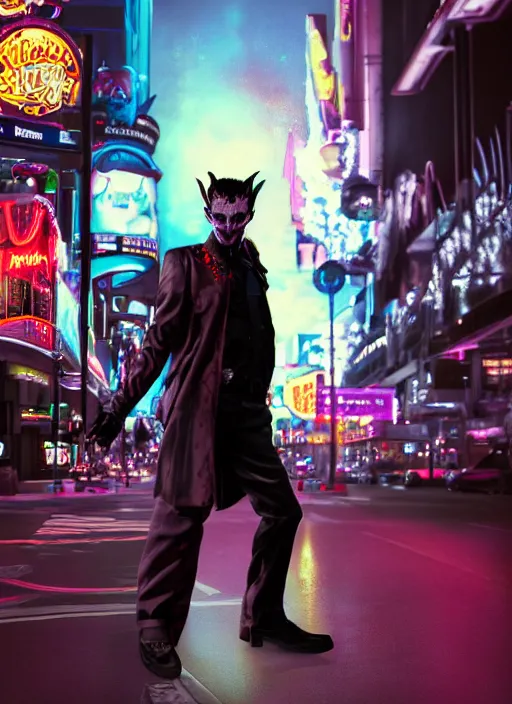 Image similar to 35mm kodak portra photograph of a shadowrun vampire on the Las Vegas strip at night by tomer hanuka and tom bagshaw, handsome face, blood, urban fantasy, hyper realism, high detail, octane render, 8k, trending on artstation, CGsociety, concept art