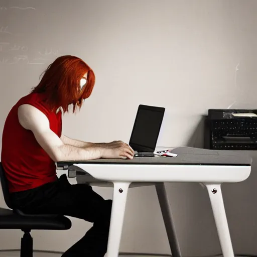 Image similar to a teenage boy red-haired long-haired, sitting at a desk with a computer, in a white room, Greg Rutkowski, 8k, sharp focus, thrid person POV