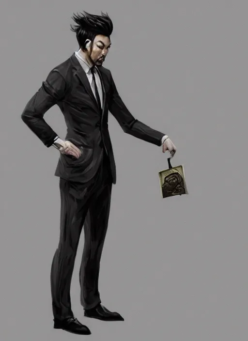 Image similar to a highly detailed illustration of fierce short black haired asian man with goatee wearing suit, dramatic reading book pose, muscular, intricate, elegant, highly detailed, centered, digital painting, artstation, concept art, smooth, sharp focus, league of legends concept art, WLOP