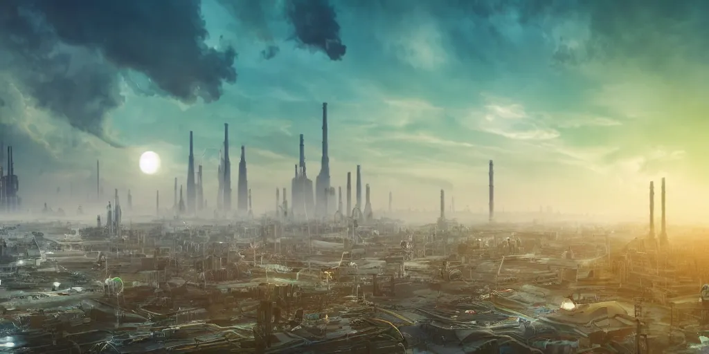 Prompt: big futuristic city like coruscant, with a green sunset smog sky, cinematic lighting, power plants with smoke, factories, tall metal towers, flying metal orbs, flying vehicles, a big moon in the sky, one blimp in the distance, a cloudy sky, mud mountains in background, hd 4k photo