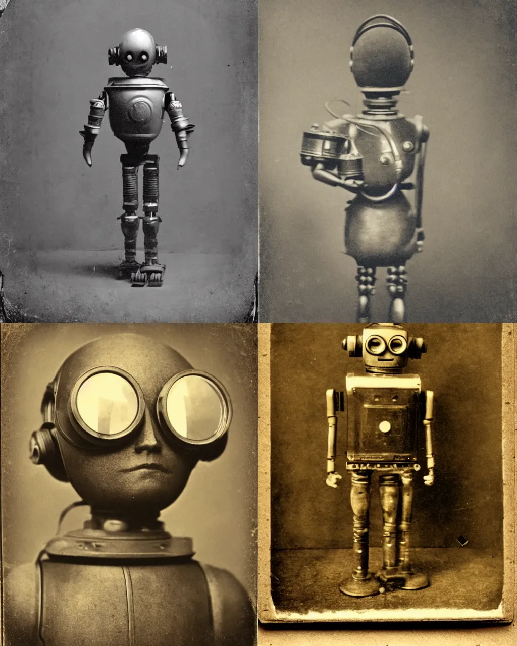 Prompt: 1800s photo of a robot, round goggles, sepia, faded, blurry, blurry, blurry, creepy, daguerreotype