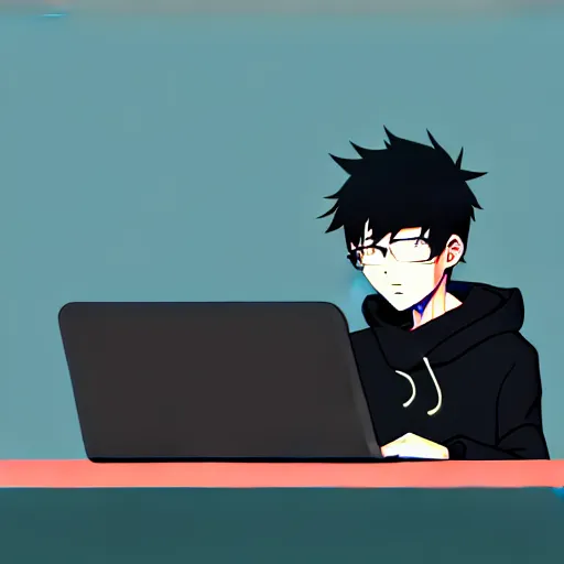 Image similar to a smart teenager boy with a black hoodie sitting behind his laptop and programming, digital art, anime style, trending on Artstation