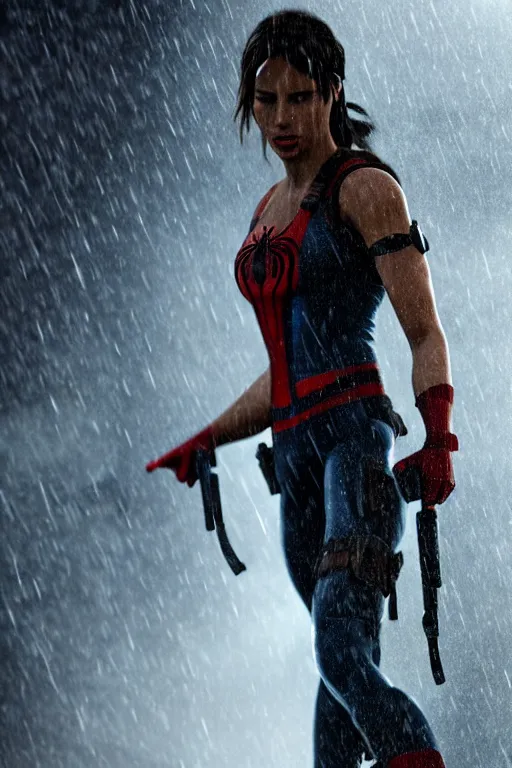 Image similar to cinematic of lara croft as spiderman, dramatic rain, 8 k, moody lighting