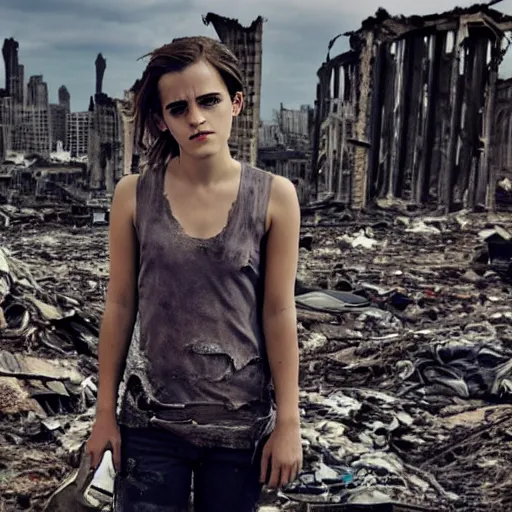 Image similar to concerned and tired emma watson in shredded dirty clothes rags, in the ruins of civilization after the apocalypse, looming city ruins backdrop, hd photo, high detail