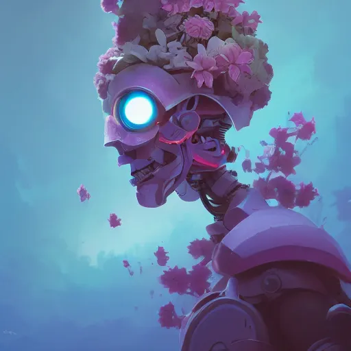 Image similar to a robot head with flowers coming out of the top, minimalist, behance hd by jesper ejsing, by rhads, makoto shinkai and lois van baarle, ilya kuvshinov, rossdraws global illumination