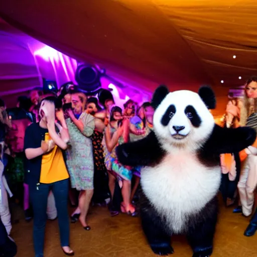 Image similar to panda dancing at an eletronic party