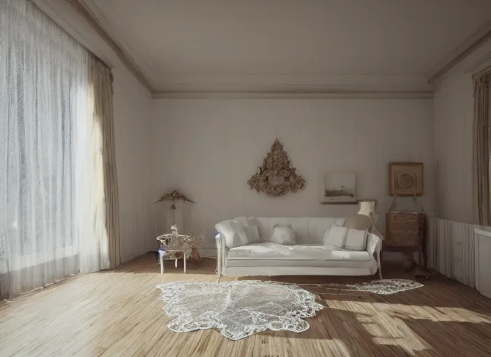 Prompt: kodak portra 4 0 0 photographic and realistic, 7 0 s living room, detailed, octane render, unreal engine, 4 k, artstation, hyper realistic, white lace dress flooded, wide angle, how river, 2 8 mm, sharp focus, soft light, volumetric light fog, in the style of gregory crewdson