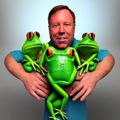 Prompt: a realistic 3d rendering of Alex Jones holding too many frogs.