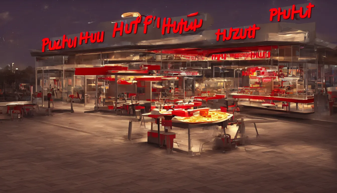 Prompt: futuristic Pizza Hut at night, photorealistic, cinematic, trending on artstation