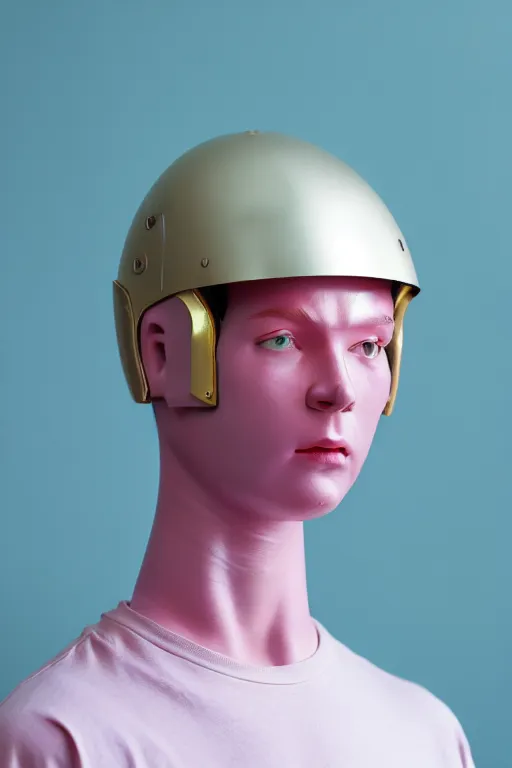 Image similar to a high definition film photograph of a normal androgynous robot human wearing a plain white t - shirt, in a pastel pink room. happy. metal visor covering eyes. metallic shiny gold coloured helmet. crushed shadows.