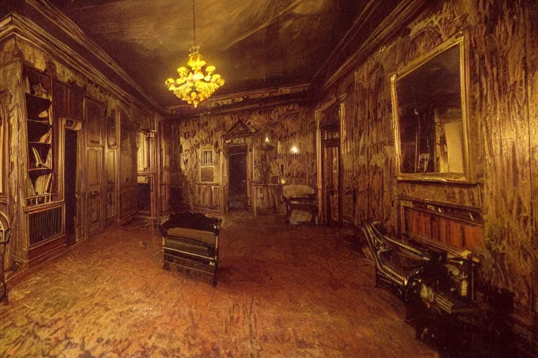 Prompt: full - color photo of the interior of a spooky old mansion at night. the interior architecture and layout are illogical, surreal, bizarre, complicated, and labyrinthine. there is a faintly - visible victorian ghost lurking.