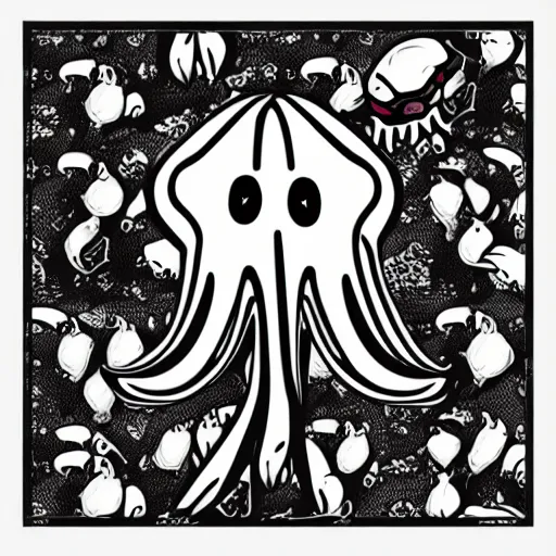 Image similar to very angry squid, 🦑 design, squared border, black and white, mad cuttlefish, cute decapodiformes