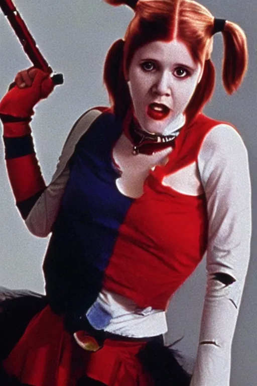 Prompt: young Carrie Fisher as Harley Quinn