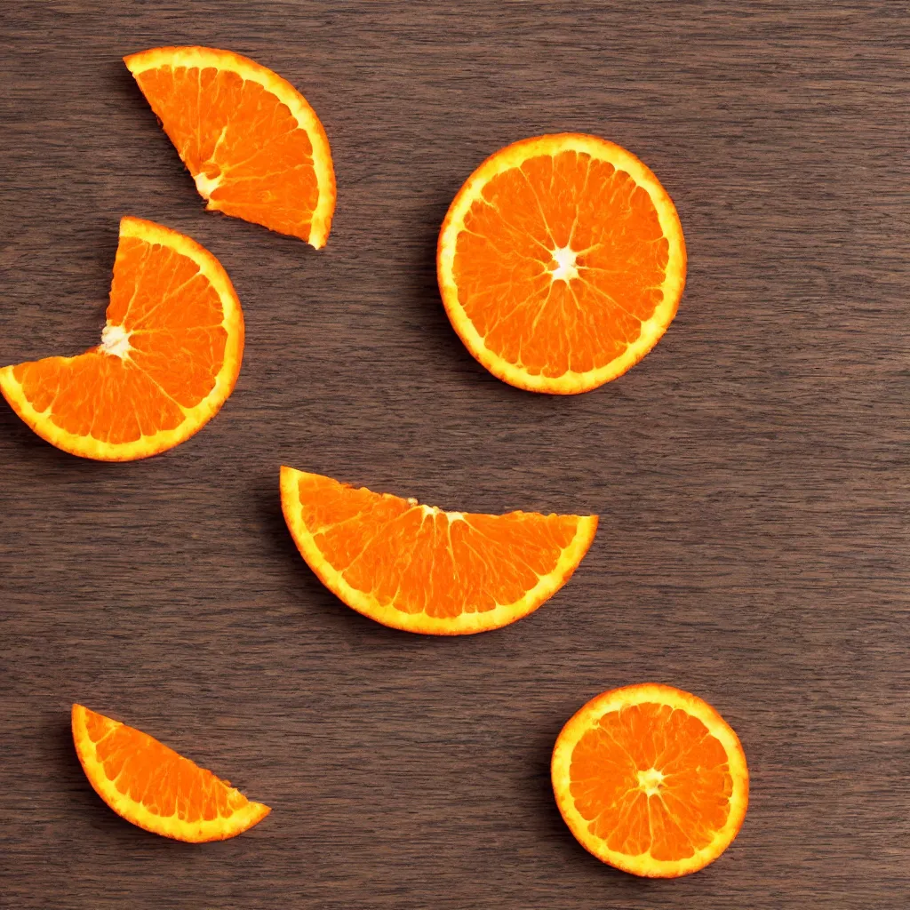 Image similar to top-down view with a single slice of orange slice on top of a wooden table, 4k, photorealistic