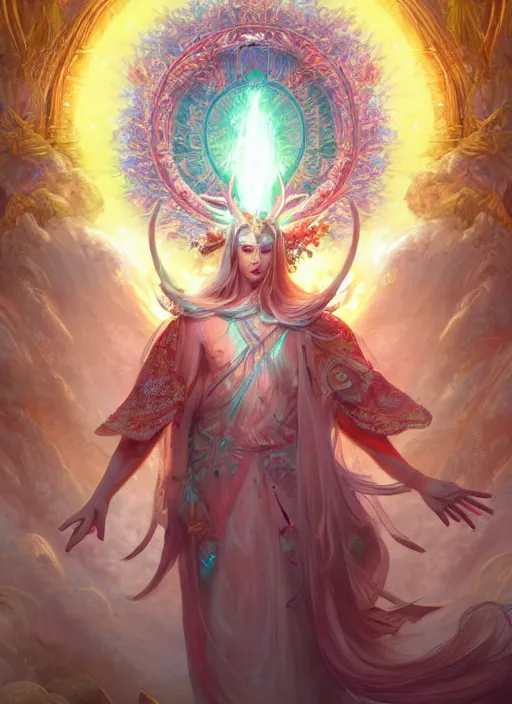 Image similar to Gigantic Deity with a halo made of fluorescent mushrooms and white antlers, flowing robes, extremly detailed digital painting, in the style of Fenghua Zhong and Ruan Jia and Peter Mohrbacher, mystical colors, rim light, beautiful lighting, 8k, stunning scene, raytracing, octane, trending on artstation