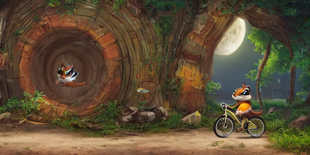 Prompt: A chipmunk riding a bike through a portal. Detailed digital matte painting in the style of simon stalenhag