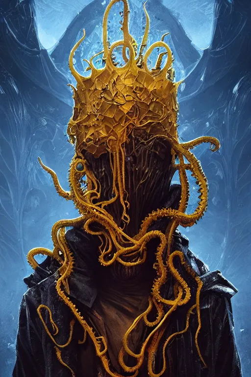 Prompt: A full body portrait of a mysterious character with an eye for a face with a very long hooded yellow cloak, a golden crown floating above his head tentacles coming out the ground art by Maciej Kuciara and Jason Chan, ominous, cosmic horror, trending on artstation, Ultra detailed, hyper realistic 4k