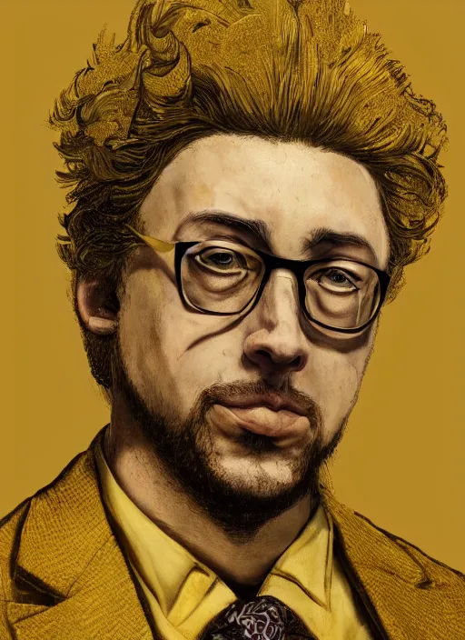 Image similar to Sam Hyde in gold suit, sigma male, accurately portrayed, portrait art by Hokusai, highly detailed, digital painting, concept art, illustration, dim lighting with twilight rays of sunlight, trending on artstation, very detailed, smooth, sharp focus, octane render, close up