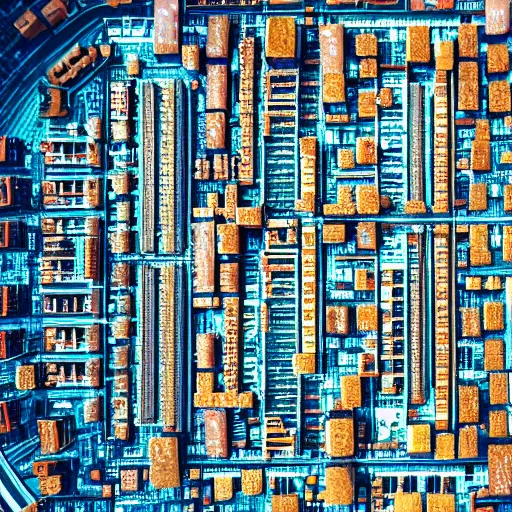 Image similar to top down view of a city resembling a computer motherboard