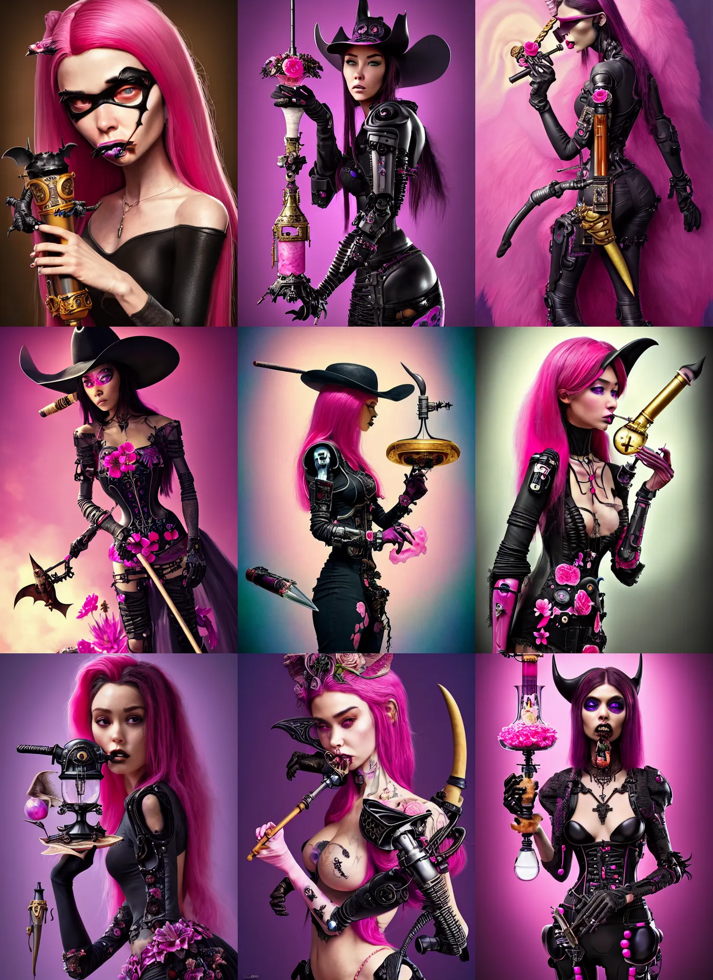 Prompt: polished masterpiece lush obsidian pink draculaura cowgirl madison beer ornate floral gothic cyborg smoking a bat bong : : weta disney pixar movie still photo : : hi - fructose, sci fi, decadent highly - detailed digital painting, golden ratio, octane render, artstation, smooth, sharp focus, beeple, artgerm, mucha, : :