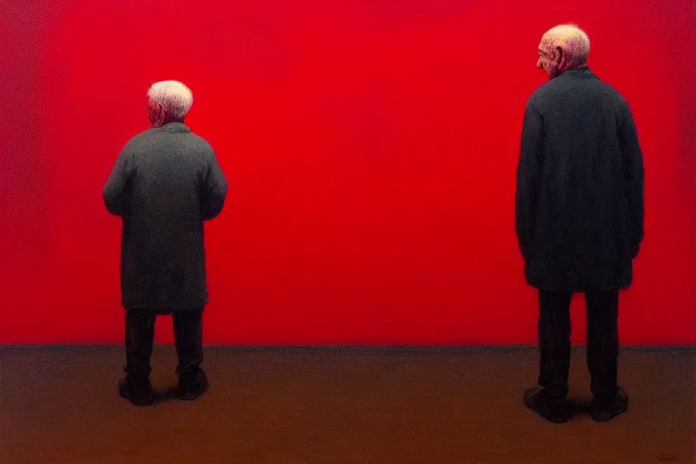 Image similar to only with red, a red old man try to sell a portrait, cheering crowd, in the style of beksinski, parts by edward hopper, parts by rodcenko, parts by yue minjun, intricate and epic composition, red by caravaggio, insanely quality, highly detailed, masterpiece, red light, artstation, 4 k