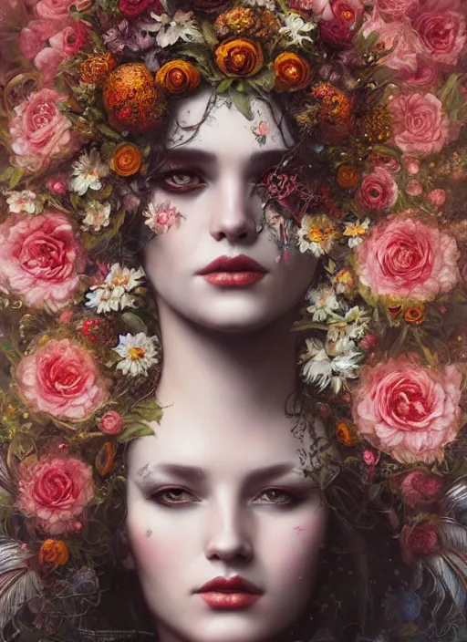 Prompt: portrait of the queen of the underworld, surrounded by flowers by karol bak, james jean, tom bagshaw, rococo, detailed eyes, trending on artstation, cinematic lighting, hyper realism, octane render, 8 k, hyper detailed.