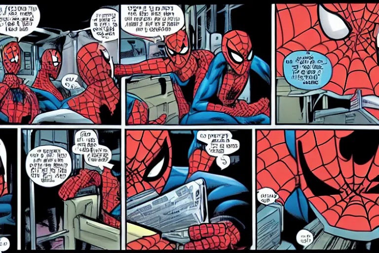 Image similar to spider man and spider man sitting in a train talking about the new marvel movie, as a panel of a Marvel comic