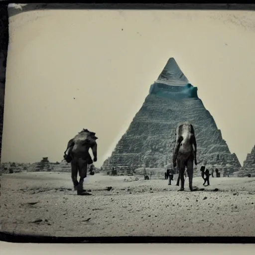 Image similar to tintype photo, underwater, Bigfoot walking in front of the pyramids