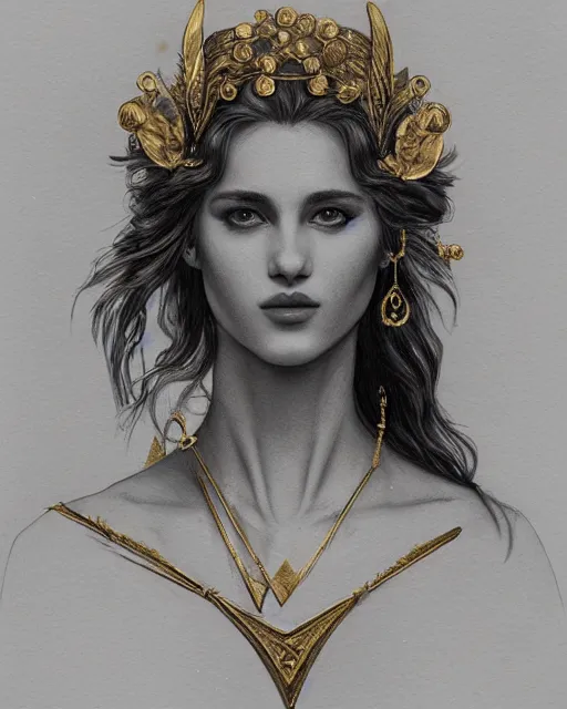 Image similar to front view of beautiful aphrodite greek goddess wearing a gold laurel wreath and triangle earrings, realism tattoo sketch, beautiful piercing eyes with sharp pupils, beautiful blonde hair, in the style of greg rutkowski, fantasy, amazing detail, epic, elegant, smooth, sharp focus