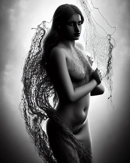 Prompt: surreal mythical dreamy dark artistic black and white fine art photo of a beautiful young female angel - mermaid - cyborg covered with translucent algae lace web, rim light, cinematic, studio dramatic light, poetic, octane render, 8 k, photo - realistic, by floria sigismondi