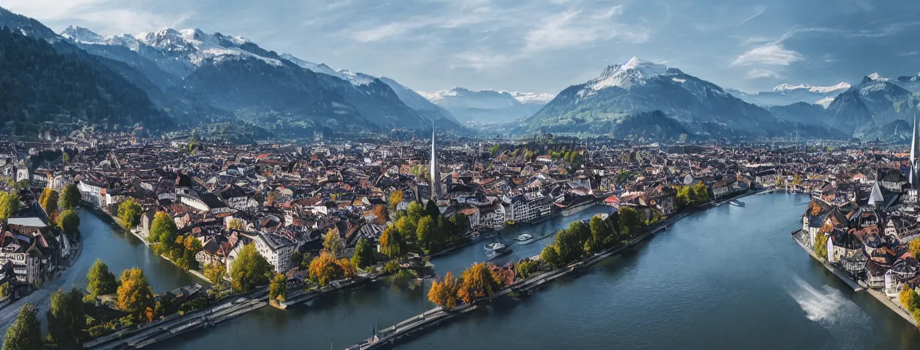 Image similar to Photo of Zurich, looking down the river at the lake and the alps, Hardturm, Grossmünster, wide angle, volumetric light, hyperdetailed, mountain water, artstation, cgsociety, 8k