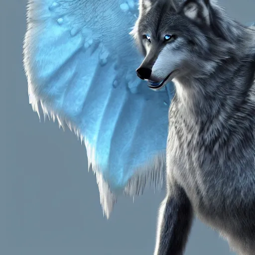 Image similar to 3 d render, well toned, large, female anthropomorphic wolf with wings, blue fur and scales with white spots and wings on her back, icey blue dress, furr covering her chest.