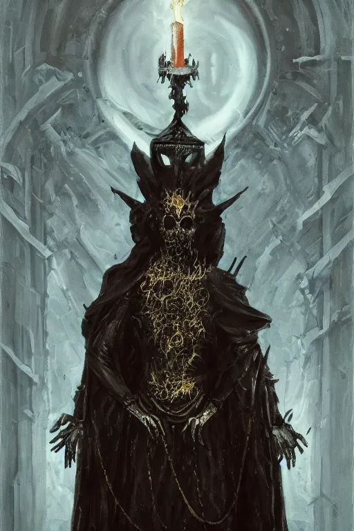 Image similar to portrait of an ominous mysterious bright buglike religious figure performing a dark ritual, oil on canvas, gothic style, ornate, elegant, highly detailed, concept art, trending on artstation