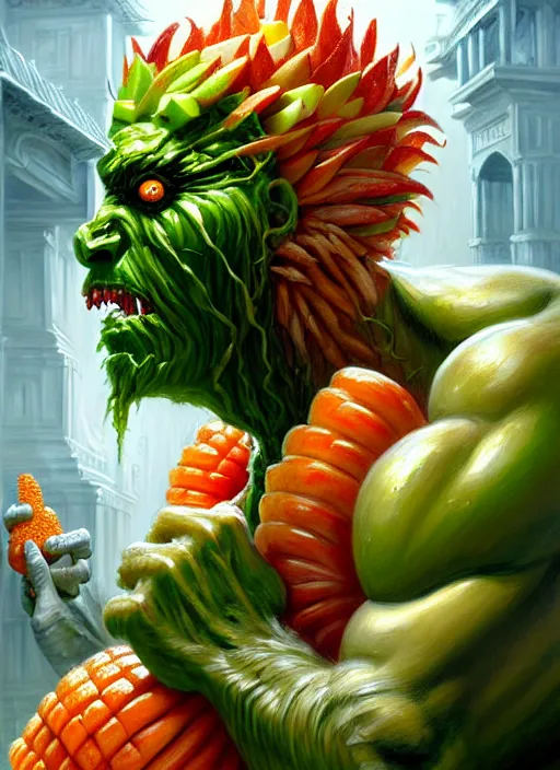 Image similar to an monster man in a white robe, green skin, covered in fruit, apples, oranges, bananas, intricate, highly detailed, concept art, hyperrealistic, oil painting by greg staples and tristan eaton, 8 k