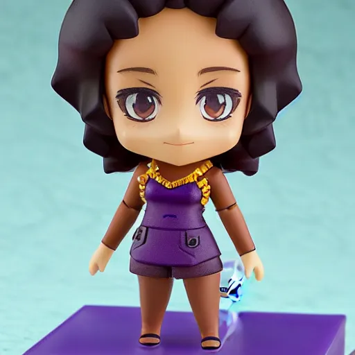 Prompt: a nendoroid of hazel levesque, a [ dark skinned ] black girl with curly brown hair and amber eyes wearing a purple t shirt, african american, jewelry and magic themed